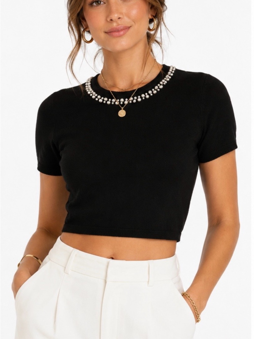 NWT Marled Black Pearl Embellished Cropped Knit Sweater Top Small